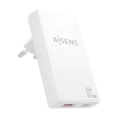 Aisens Cargador GaN Ultra Delgado 65W - 1xUSB-C PD3.0 QC4.0 - 1xUSB-A QC3.0 - Blanco
