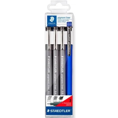Staedtler Pigment Liner 308 Pack de 3 Rotuladores 0,2/0,4/0,8mm + Portaminas 0,5mm Negro