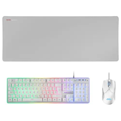 Mars Gaming MCPX White: Teclado Híbrido, Ratón Ultra Ligero y Alfombrilla XXL