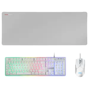 Mars Gaming MCPX White: Teclado Híbrido, Ratón Ultra Ligero y Alfombrilla XXL