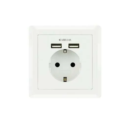 Nanocable Roseta Base De Enchufe De Pared Empotrable Tipo Schuko Con 2 Tomas Usb 2.4A - Color Blanco
