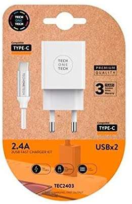 Techonetech Cargador Doble De Pared + Cable Usb-A A Usb-C 1M - Recubierto De Nylon Trenzado