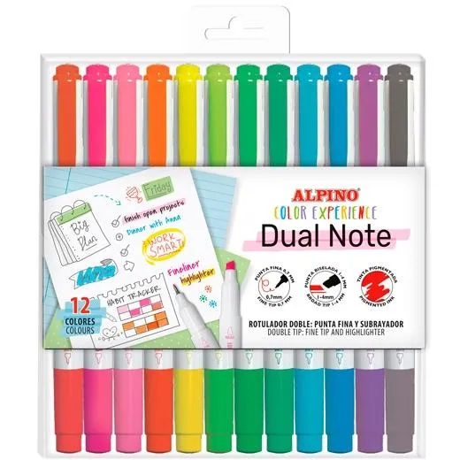 Alpino Rotuladores Dual Note Punta Fina y Punta Biselada Estuche 12 Unidades