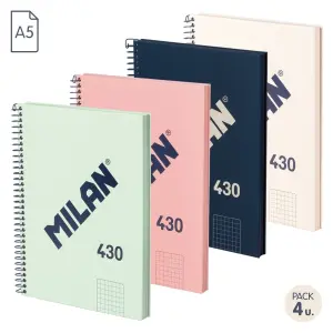Milan Pack de 4 Cuadernos Espiral A5 Cuadricula 5x5mm - 80 Hojas 95 gr/m2