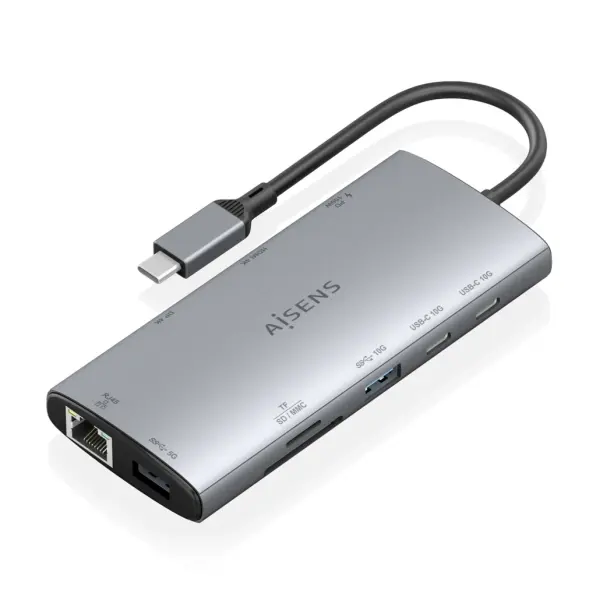 Aisens USB-C Dock 10 en 1 con HDMI, DisplayPort, RJ45, USB-A, USB-C y Lector SD/MicroSD - Gris