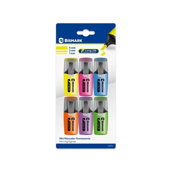 Bismark Long-Life Pack De 6 Mini Marcadores Fluorescentes Neon - Tinta De Secado Rapido - Punta Biselada - Ideal Para Subrayar Y Resaltar - Diseño Ergonomico - Alta Durabilidad
