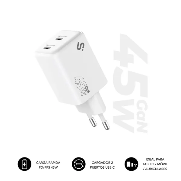 Subblim Cargador De Pared Gan 45W - 2Xusb-C -  Carga Ultra Rápida - Color Blanco