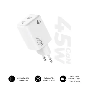 Subblim Cargador de Pared GaN 45W con 2xUSB-C y Carga Ultra Rápida - Blanco