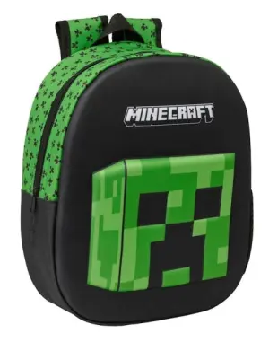 Safta Mochila 3D Minecraft con Asa de Mano y Portabotellas Lateral 27x33x10cm Negro/Verde