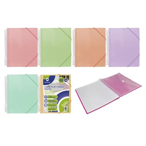 Bismark Carpeta Espiral A4 con 60 Fundas Transparentes y Gomas de Cierre - Colores Pastel