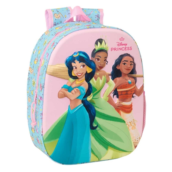 Safta Princesas Disney Mochila 3D De 8.64L - Portabotellas - Tarjeta De Identificacion Personal - Hombreras Acolchadas - 27X33X10Cm - Color Azul Claro