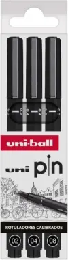 Uniball Uni Pin Pack de 3 Rotuladores Calibrados 0.2, 0.4, 0.8 - Tinta Pigmentada Negra