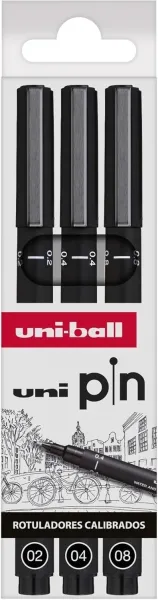 Uni-Ball Uni Pin Pack De 3 Rotuladores Calibrados 0.2, 0.4, 0.8 - Punta Poliacetal - Tinta Pigmentada Resistente Al Agua Y Luz - Color Negro