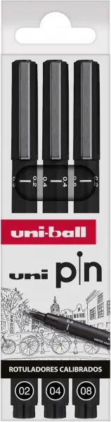 Uniball Uni Pin Pack de 3 Rotuladores Calibrados 0.2, 0.4, 0.8 - Tinta Pigmentada Negra