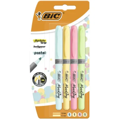 Bic Highlighter Grip Pack De 4 Marcadores Fluorescentes Pastel - Tinta Con Base De Agua - Punta Biselada - Trazo Entre 1.60 Y 3.30Mm - Colores Surtidos