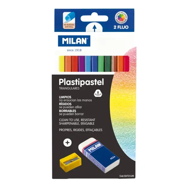 Milan Pack de 12 Ceras Triangulares de Colores con Goma y Sacapuntas