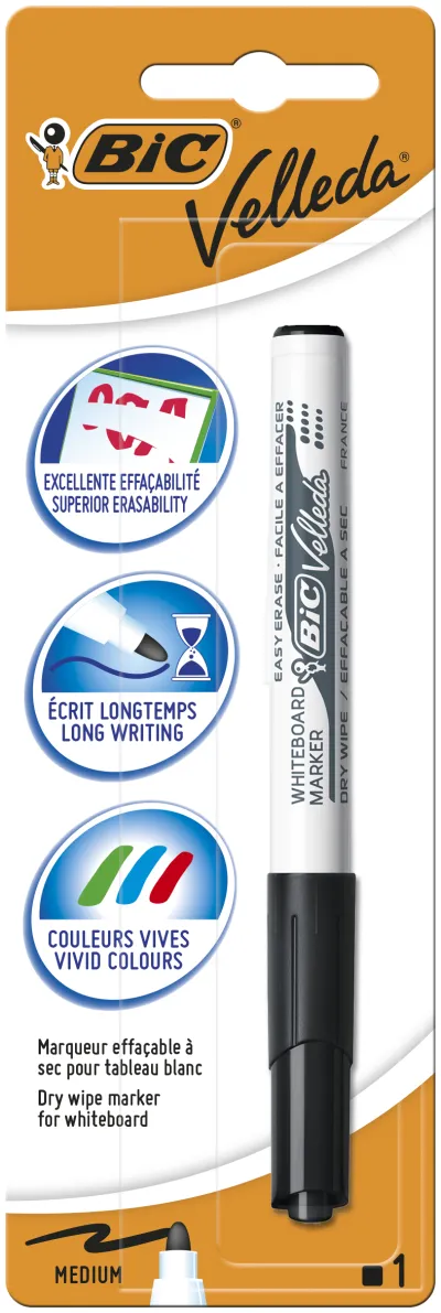 Bic Velleda 1741 Marcador Para Pizarra - Punta De 4.5 Mm - Trazo 1.4Mm - Tinta Con Base De Acetona - Borrado Optimo - Larga Duracion - Color Negro