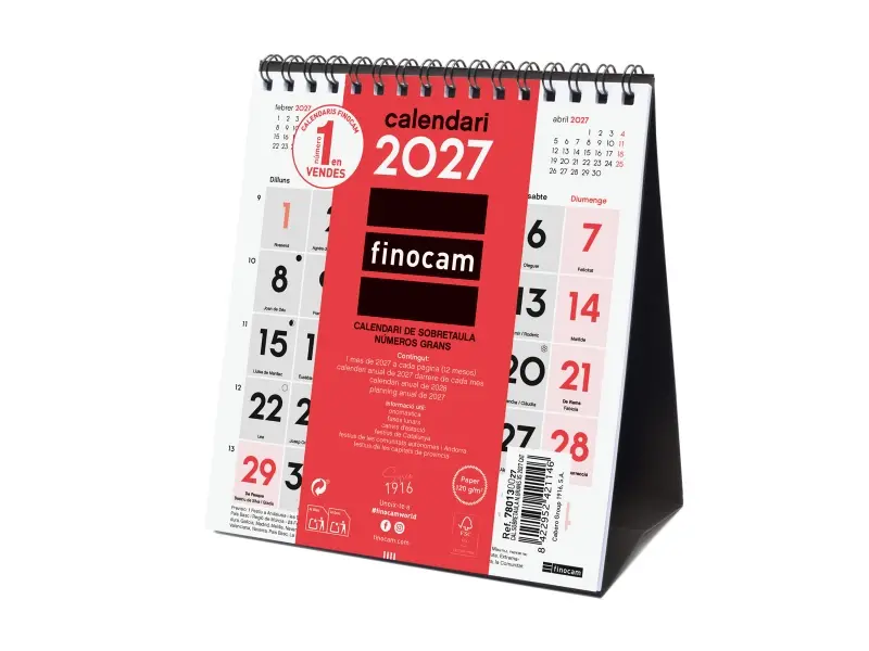 Finocam Calendario de Sobremesa Anual 2027 en Catalán - Formato XS 140x150mm - Espiral Doble - Rojo y Blanco