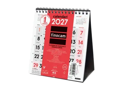 Finocam Calendario de Sobremesa Anual 2027 en Catalán - Formato XS 140x150mm - Espiral Doble - Rojo y Blanco
