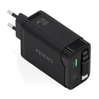 Aisens Cargador GAN 65W con 1xUSB-C PD3.0 y 1xUSB-A QC3.0 + Cable USB-C Retráctil Negro