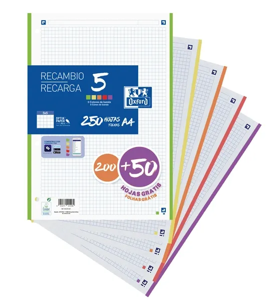 Oxford Recambio A4 Microperforadas 200 Hojas + 50 Hojas Gratis Cuadrícula