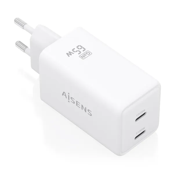 Aisens Cargador Gan 65W - 2Xusb-C Pd3.0 Qc4.0 - Tecnologia Ai - Color Blanco