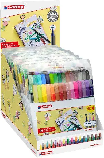 Edding 1200 Expositor con 10 Packs de 30 Rotuladores Punta Redonda Tinta a Base de Agua Surtidos