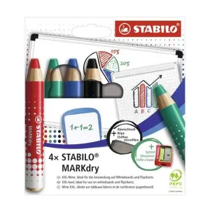 Stabilo MARKdry Pack de 4 Marcadores para Pizarra con Sacapuntas y Paño de Limpieza - Mina XXL 10mm - Colores Azul, Verde, Rojo y Negro