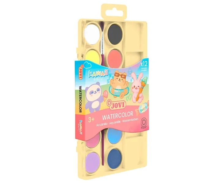Jovi Acuarelas Kawaii En Pastillas 22mm Con Pincel Estuche 12 Unidades