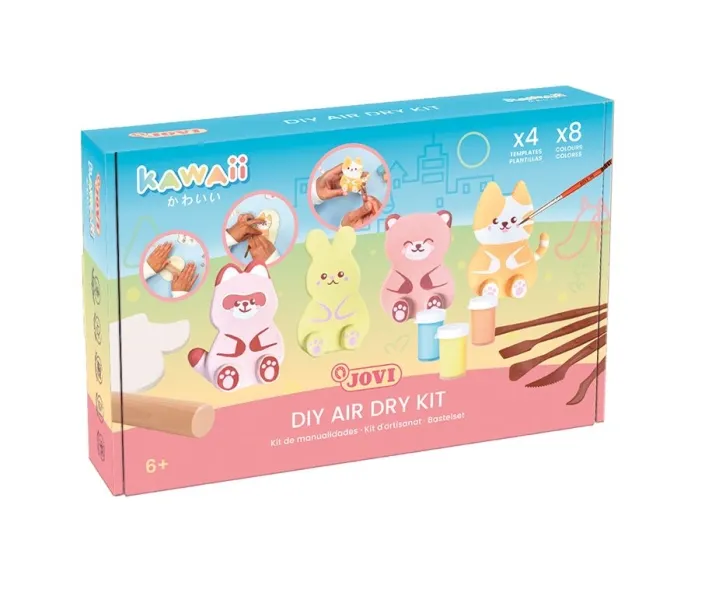 Jovi Kawaii Air Dry Kit Con Pasta Endurecible 500Gr + 4 Plantillas + Pinturas + Complementos - Facil De Moldear - Colores Surtidos