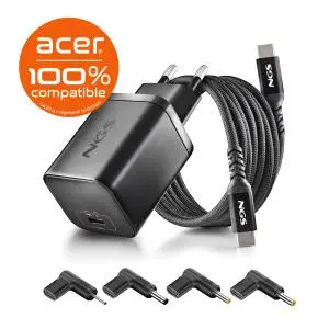NGS Cargador GaN 65W para Portátiles Acer - USB-C Power Delivery y PPS - 1.5m