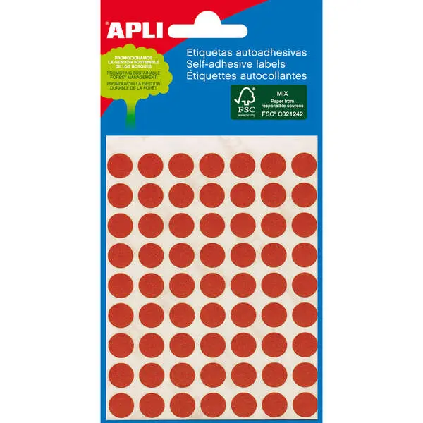 Apli Minibolsa de 288 Etiquetas Redondas Ø 8mm Adhesivo Permanente Color Rojo
