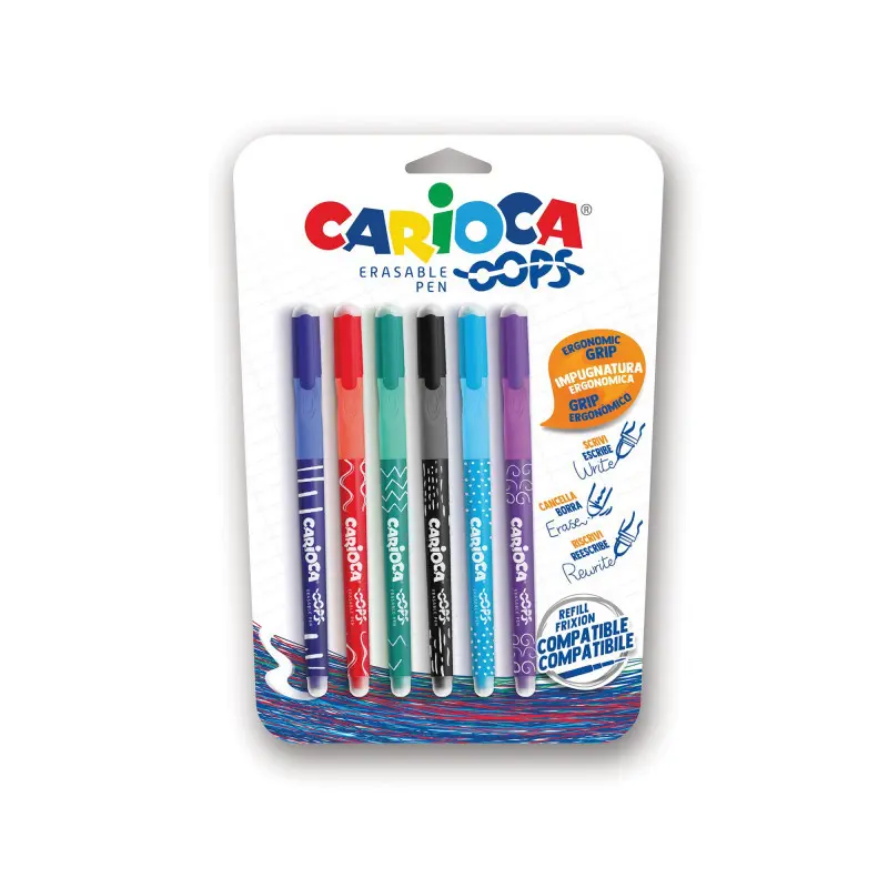 Carioca Oops Pack de 6 Boligrafos Borrables - Tinta Termo Sensible - Empuñadura Ergonomica Triangular - Punta de 0.7mm - Doble Goma - Recambios Compatibles - Color Varios