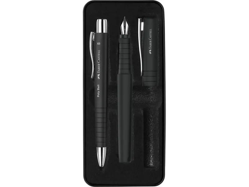 Faber-Castell Poly Pack Bolígrafos Poly Ball y Pluma Estilográfica con Clip Metal Negro