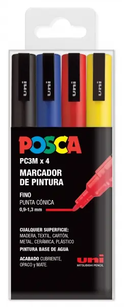 Posca Marcador PC-3M/4C No Permanente Punta Fina 0.9mm-1.3mm Estuche 4 Unidades
