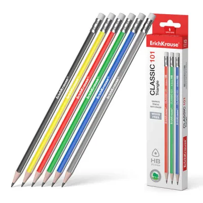 ErichKrause Classic 101 Lápiz de Grafito HB Triangular con Goma de Borrar - Colores Surtidos