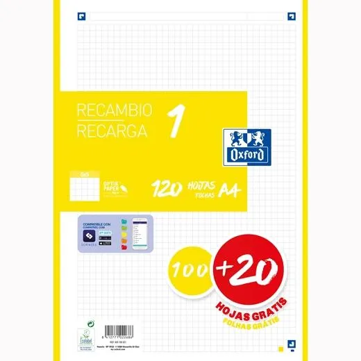 Oxford Recambio Classic 120 Hojas  A4 Sueltas 90Gr 5X5Mm 4 Taladros 1 Banda Color Amarillo