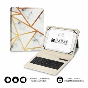 Subblim Keytab Pro Funda Universal Bluetooth 9-10.1" Ultraligera con Soporte Ajustable y Sistema Magnético Color Mármol Blanco