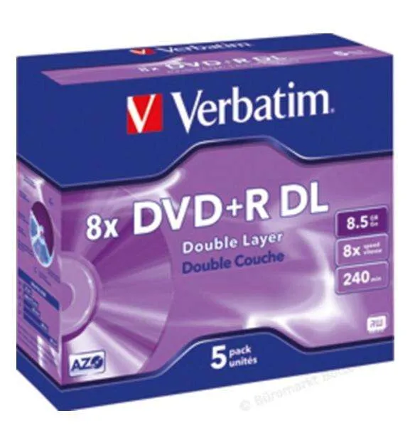 Verbatim DVD+R Doble Capa 8.5GB 8X 5 Pack Jewel Case Superficie Mate Plata