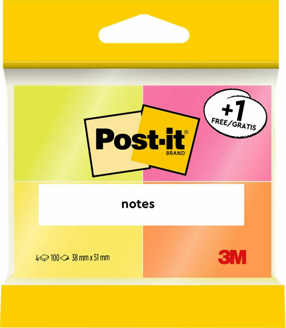 Post-it Pack de 4 Blocs de 100 Notas Adhesivas Reposicionables Neon 38x51mm