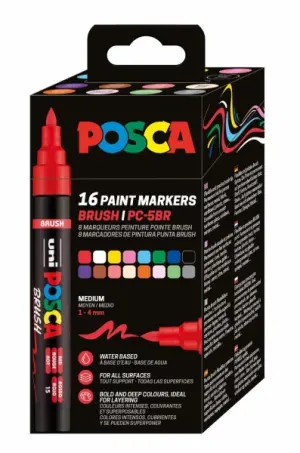 Posca PC-5BR Caja de 16 Marcadores de Pintura Punta Brush 1-4mm Tinta Base Agua Colores Surtidos