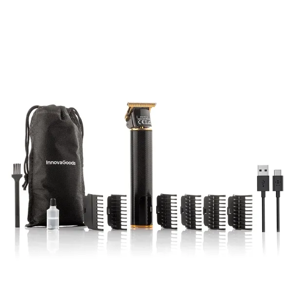 Innovagoods Triher Cortapelos Profesional Recargable - Autonomia 3H - Peines Surtidos - Resistente Al Agua - Bateria 1200Mah - Pantalla Lcd - Incluye Accesorios - 4X16X3Cm - Color Negro Y Dorado