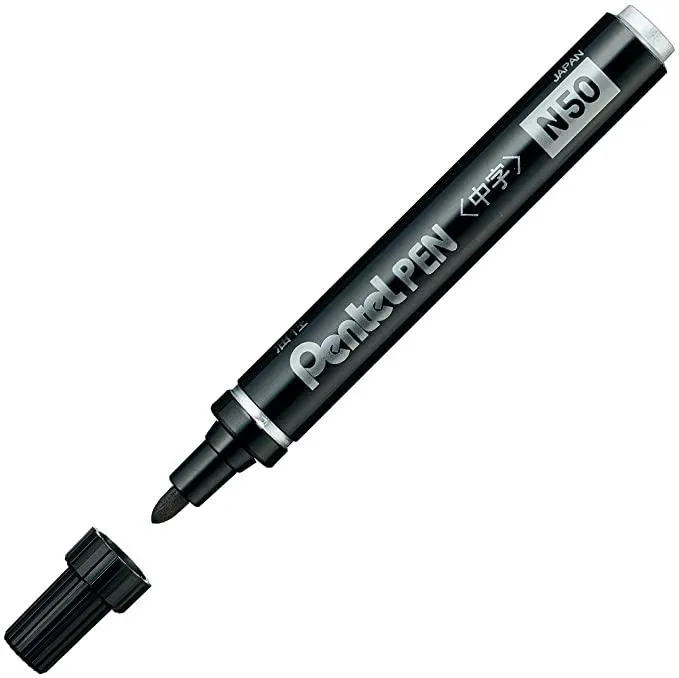 Pentel Pen N50-Ae Marcador Permanente Cuerpo Aluminio Negro Y Punta Media Conica -12U-