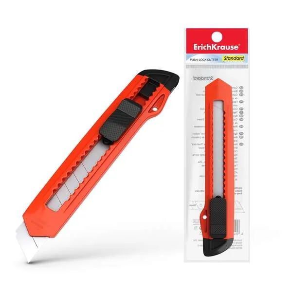 Erichkrause Easycut Cuter Con Fijador Push-Lock Standard 18Mm - Sistema De Sujecion De Cuchilla Con Seguro De Empuje - Cuchilla Segmentada De Acero - Color Aleatorio Naranja/Amarillo