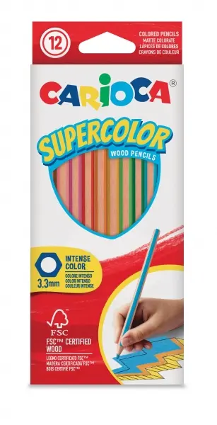 Carioca Supercolor Pack De 12 Lapices De Colores - Cuerpo De Madera Hexagonal - Colores Intensos Y Gran Opacidad - Mina De 3.3Mm - Colores Surtidos