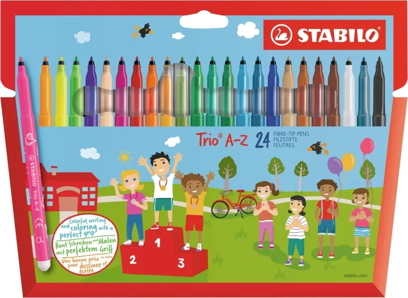 Stabilo Trio A-Z Pack Con 24 Rotuladores De Punta Fina De Fibra - Trazo 0.7Mm - Tinta Lavable - Zona De Agarre Triangular - Colores Surtidos
