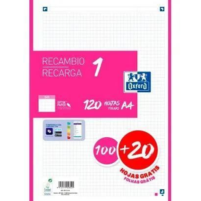 Oxford Recambio Classic 120 Hojas A4 Sueltas 90Gr 5X5Mm 4 Taladros 1 Banda Color Fucsia