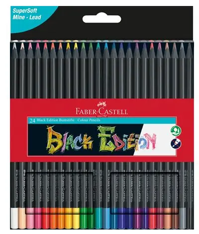 Faber-Castell Black Edition Pack de 24 Lapices de Colores - Mina Supersuave - Madera Negra - Ideales para Dibujo sobre Papel Claro, Oscuro y de Colores - Colores Surtidos