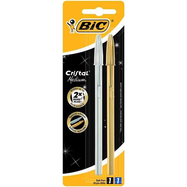 Bic Cristal Shine Pack De 2 Boligrafos De Bola - Punta Media De 1.0Mm - Tinta Con Base De Aceite - Cuerpo Plateado Y Dorado - Color Azul Y Negro