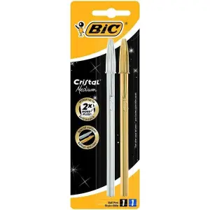 Bic Cristal Shine Pack de 2 Bolígrafos de Bola Punta Media 1.0mm Tinta Aceite Azul y Negro